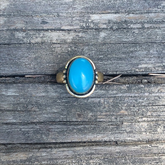 Vintage brass and aqua blue cabochon ring size 8 - Picture 5 of 7